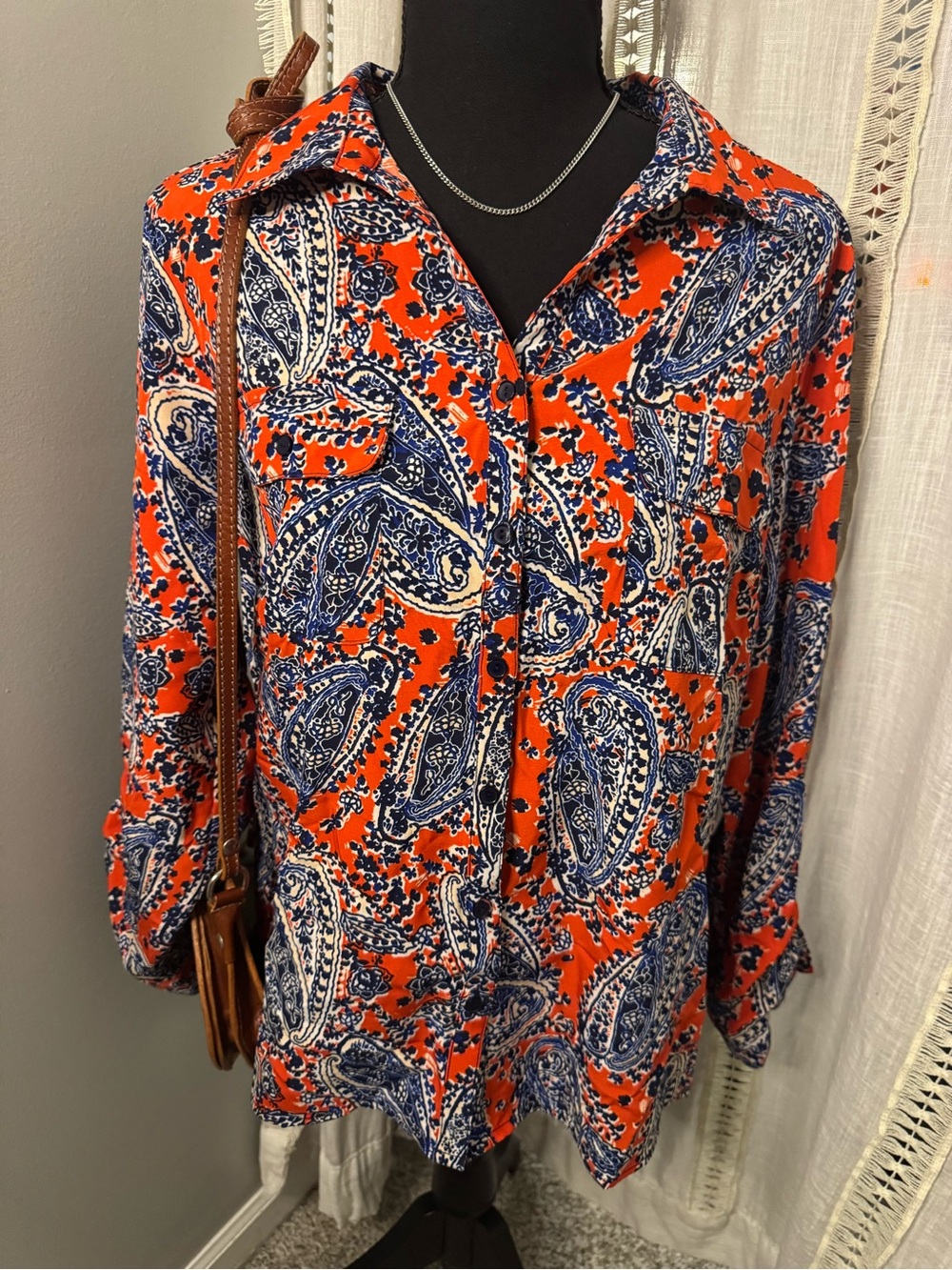 Notations Orange Paisley Button-Down Shirt with Blue and White Accents